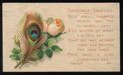 Uma pena de pavão e uma rosa, cartão de boas festas de Natal. (chromolitho) de English School