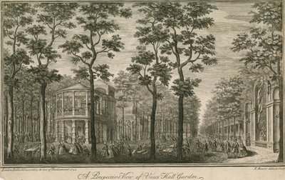 Uma vista em perspectiva de Vauxhall Gardens, Londres de English School