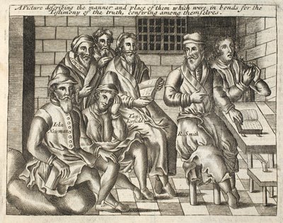 Um quadro descrevendo o modo e o lugar deles que estavam em laços para o Testemunho da verdade, conferindo entre si, ilustração de Atos e Monumentos por John Foxe, nona edição, pub. de English School