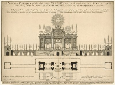 Um plano e elevação do Royal Fireworks a ser realizado no St Jamess Park, 27 de abril de 1749 de English School