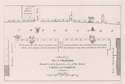 Um plano de Cheapside, Londres, destinado a mostrar os locais precisos da antiga Cruz e Conduit de English School