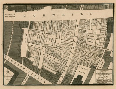 Um plano de casas destruídas no incêndio que começou no beco Exchange, Cornhill, Londres, em 25 de março de 1748 de English School