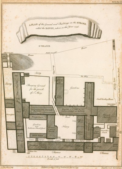 Um plano do solo e edifícios na Strand chamado Savoy, no ano de 1736 de English School