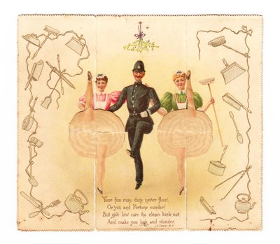 Um cartão pop up de um polícia e duas mulheres a darem um pontapé alto, c.1920 (litografia a cores) de English School