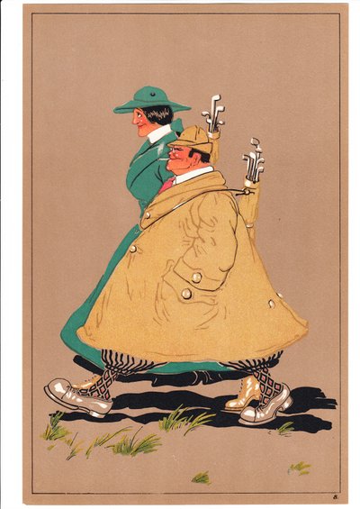 Uma cópia de dois golfistas em postagens cômicas e bem-humoradas, c.1920 de English School