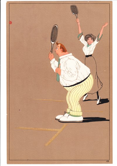 Uma cópia de dois tenistas em postagens cômicas e bem-humoradas, c.1920 de English School