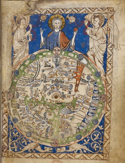 Um mapa redondo do mundo, colocado numa moldura ornamental quadrada, estando Jerusalém no centro, com uma zona de ventos, figuras de habitantes, etc. de English School