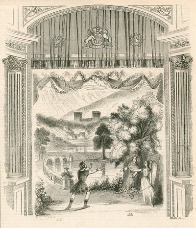 Uma cena da peça King Arthur, Drury Lane Theatre, Londres de English School