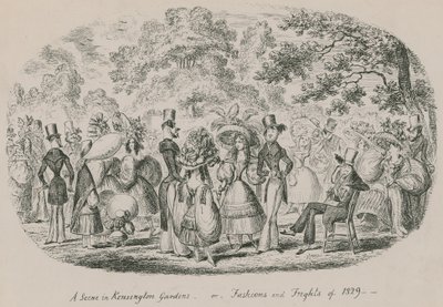 Uma cena em Kensington Gardens ou Fashions and Frights of 1829 de English School