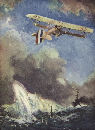 Um hidroavião bombardeando um submarino de English School