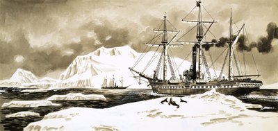 Um navio transita entre as geleiras do Ártico de English School