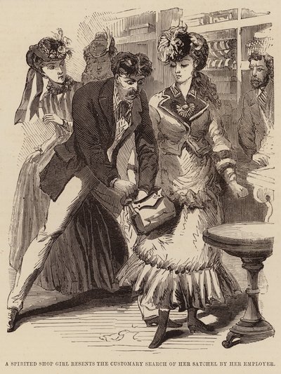 Uma rapariga de loja animada ressente-se da habitual revista da sua mochila pelo seu patrão (gravura) de English School