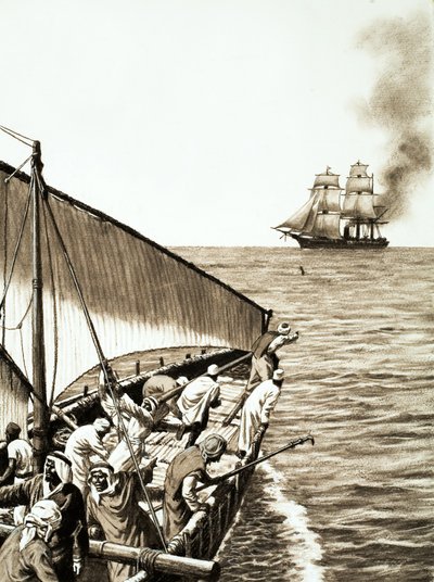 Um navio a vapor no horizonte, um dhow árabe em primeiro plano de English School