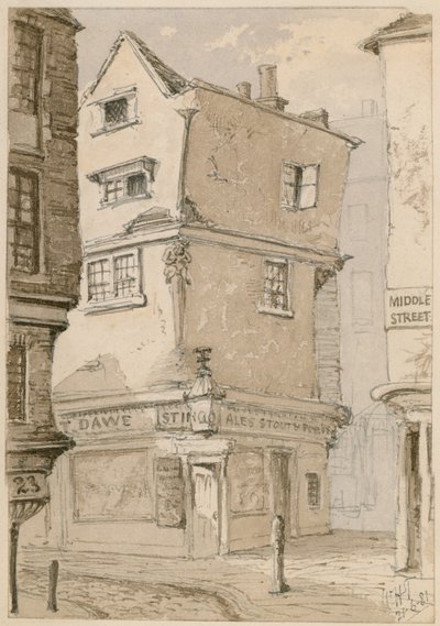 Uma esquina em Cloth Fair, Smithfield, Londres, esboço em aquarela, 1881 (wc no papel) de English School