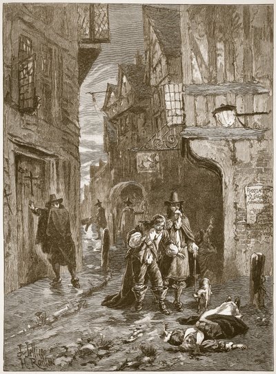 Uma rua em Londres durante a grande praga, ilustração da história ilustrada de Cassells da Inglaterra (foto sépia) de English School