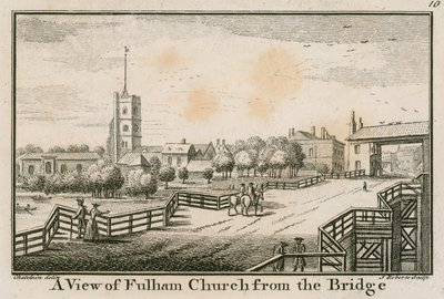 Uma vista da igreja de Fulham, Londres, da ponte do Fulham de English School