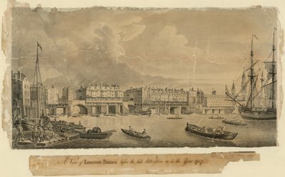 Uma vista da Ponte de Londres antes da alteração tardia, como no ano de 1757 de English School