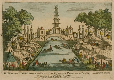 Uma vista da ponte chinesa e pagode em St Jamess Park com as tendas no Grand Fete em honra da paz, 1 de agosto de 1814 de English School