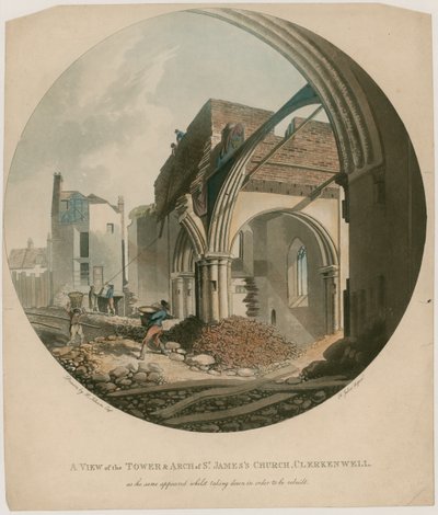 Uma vista da torre e do arco da igreja de St Jamess, Clerkenwell de English School