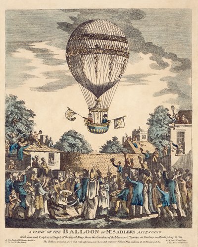 Vista do balão do Sr. Sadler a subir com ele e o Capitão Paget da Marinha Real a partir dos jardins da Mermaid Tavern em Hackney na segunda-feira, 12 de agosto de English School