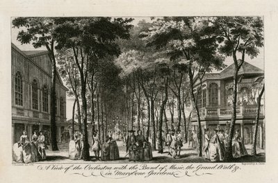 Uma vista da orquestra com a banda de música, o Grand Walk etc em Marylebone Gardens de English School
