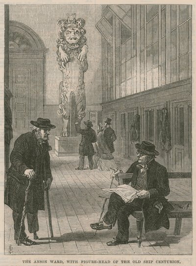 Uma visita ao Greenwich Hospital; The Anson Ward, com figura de proa do velho navio Centurion de English School