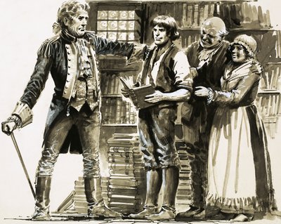Um vizinho rico vê Samuel Johnson trabalhando em uma livraria de English School