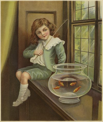 Um, menino jovem, dangling, um, cana de pesca, em, um, tigela, goldfish de English School