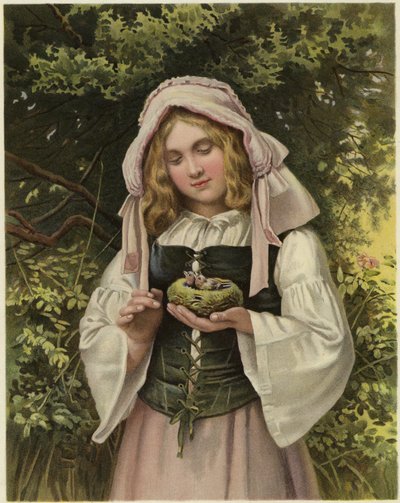 Um, menina jovem, segurando, um, ninho pássaros de English School