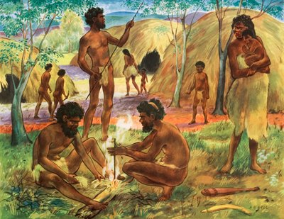 Aborígenes a fazer fogo (litografia a cores) de English School
