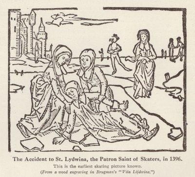 Acidente com Santa Lydwina, padroeira dos patinadores, em 1396 (litho) de English School