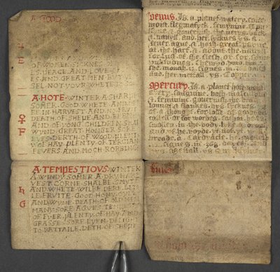 Adicionar. 17367, f.10r do Almanaque, contendo tabela de letras dominicais e algarismos áureos; direções para encontrar as festas móveis; calendário dos Santos, épocas, lista de Soberanos ingleses, prognósticos do tempo, influência dos signos do zodíaco (v de English School