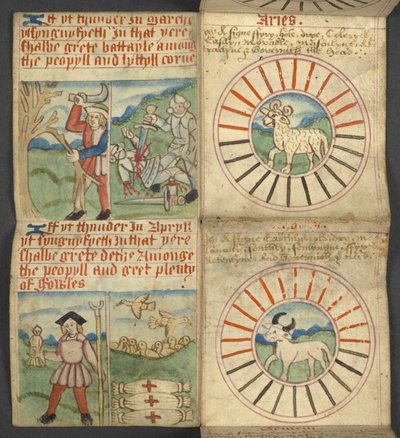 Acrescentar. 17367, f.4r Áries e Touro, de Almanac, contendo tabela de letras dominicais e números dourados; direcções para encontrar as festas móveis; calendário de santos, épocas, lista de Soberanos ingleses, prognósticos do tempo, influência dos sinais  de English School