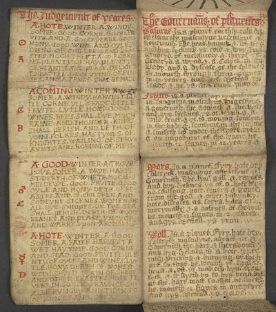 Adicionar. 17367, f.9r do Almanaque, contendo tabela de letras dominicais e algarismos áureos; direções para encontrar as festas móveis; calendário dos Santos, épocas, lista de Soberanos ingleses, prognósticos do tempo, influência dos signos do zodíaco (ve de English School