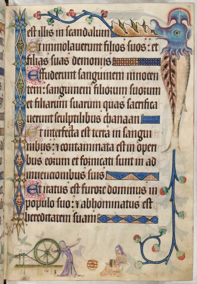 Acrescentar. 42130, f.193, Salmo 105, Mulheres fiando e cardando lã, de "Luttrell Psalter", c.1325-35 (vellum) de English School
