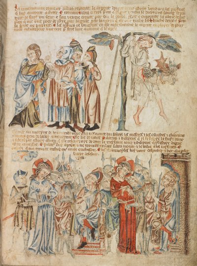Adicionar. 47682, f.30, Judas devolve as trinta moedas de prata; a morte de Judas; Cristo diante de Pilatos e diante de Herodes, do Holkham Bible Picture Book, c.1320-30 (velino) de English School