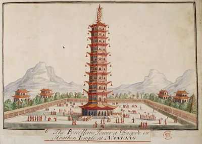 Acrescentar. 5353, f.67 A torre de porcelana, um pagode ou templo pagão em Nanking, de Colecções de Fantasias de Várias Nações de English School