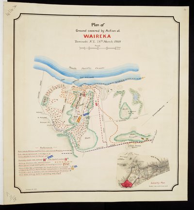 Acrescentar. 57717, placa 14, "Plano de terreno coberto por acção de Waireka, Taranaki N.Z., 28 de Março de 1860 (caneta & tinta & aguarela sobre papel) de English School