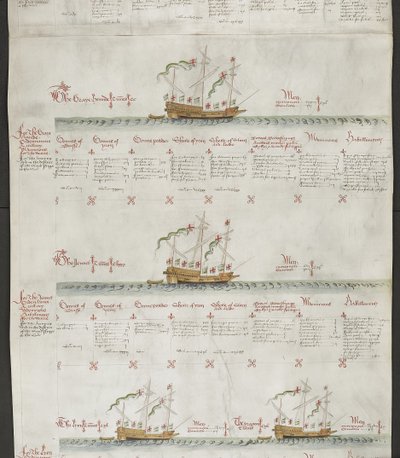 Adicione MS 22047 f.6r Galleasses: The Greyhound, The Jennet, The Lion and The Dragon, de 