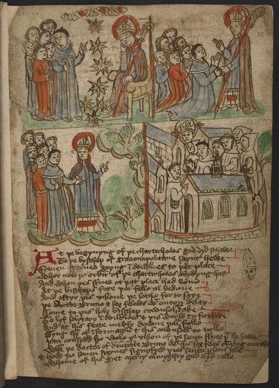 Acrescentar MS 37049, f.22 The Carthusian Miscellany (Religious Prose and Verse) em inglês do Norte, incluindo um epítome (resumo) das viagens de Mandeville (tinta e cor sobre papel) de English School