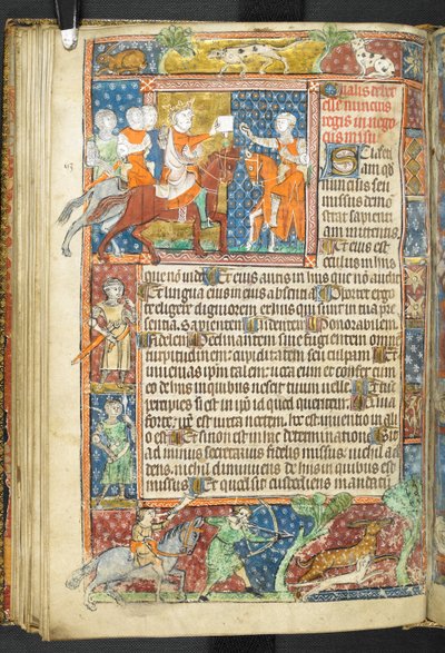 Adicionar MS 47680, f.40v, Rei (Alexandre) e Aristóteles entregando uma carta a um mensageiro, de Secretum Secretorum de English School