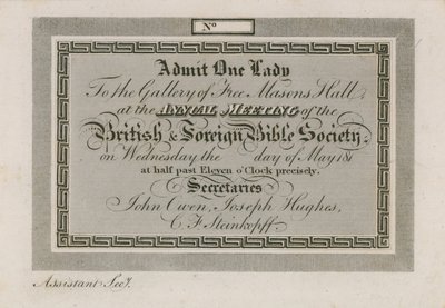Bilhete de admissão para a Sociedade Bíblica Estrangeira Anual no Freemasons Hall de English School