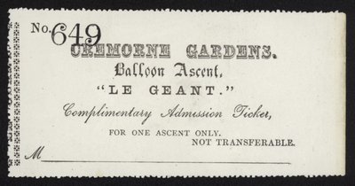 Bilhete de admissão para a subida do balão Le Geant de Cremorne Gardens, Londres de English School