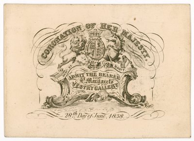 Bilhete de entrada para a Galeria St Margarets Vestry, para a coroação da Rainha Vitória, 28 de junho de 1838, em frente de English School