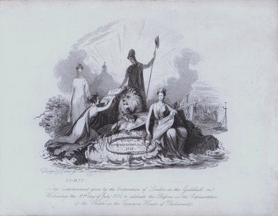 Ingresso para o entretenimento no Guildhall fornecido pela Corporação da Cidade de Londres para celebrar a aprovação da Grande Lei de Reforma de 1832 pela Câmara dos Comuns (gravura) de English School