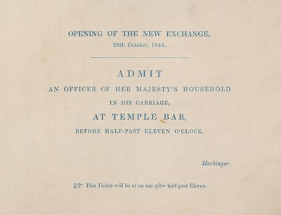 Bilhete de admissão para a abertura do novo Royal Exchange, Londres, em 29 de outubro de 1844 de English School