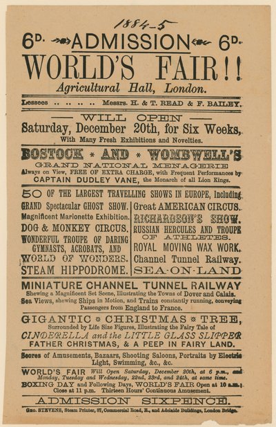 Admissão à Feira Mundial, Salão Agrícola, Islington, 188485 de English School
