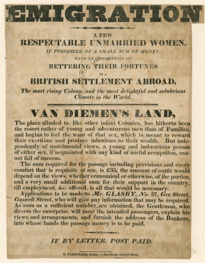 Anúncio relacionado com a emigração de mulheres jovens para Van Diemens Land de English School