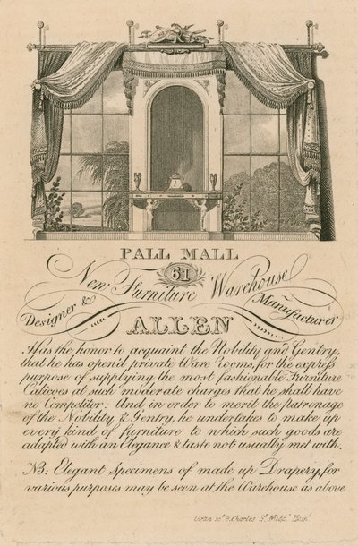 Anúncio para armazém de móveis novos Allens, 61 Pall Mall, Londres de English School