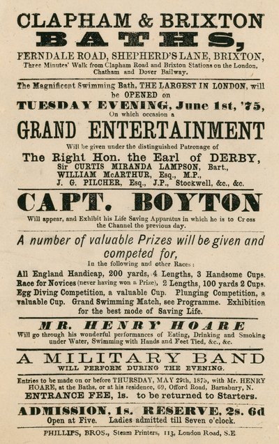Anúncio para Clapham e Brixton Baths, Estrada Ferndale, Shepherds Lane, Brixton, Londres; apresentando o Capitão Boyton de English School